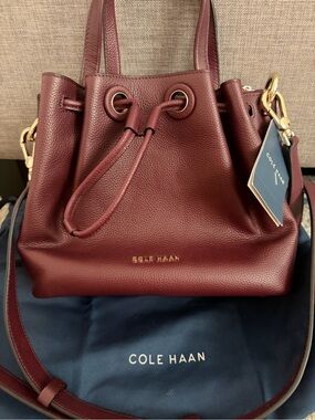 Cole Haan Burgundy Pebbled Leather Drawstring Bucket Bag with Gold Hardware